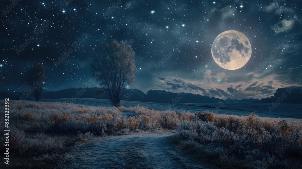 A captivating night sky with a bright full moon and countless stars, casting a gentle glow on the landscape below A captivating night sky with a bright full moon and countless stars, casting a gentle glow on the landscape below