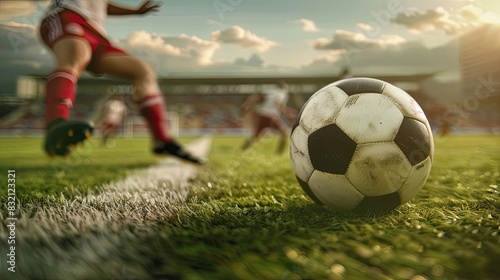 Football striker taking penalty kick. Football, game, football field, lawn, realistic style, dribbling, lower angle, soccer ball, match, competition. Leisure concept. Generative by AI.