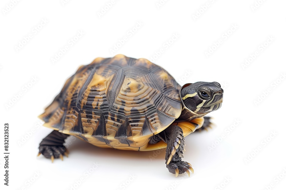 A tiny tortoise slowly crawling on a clean white b A tiny tortoise slowly crawling on a clean white b