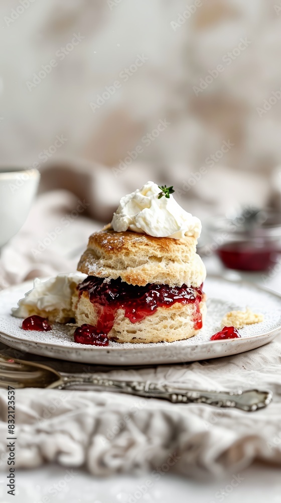 A traditional English scone with clotted cream and A traditional English scone with clotted cream and