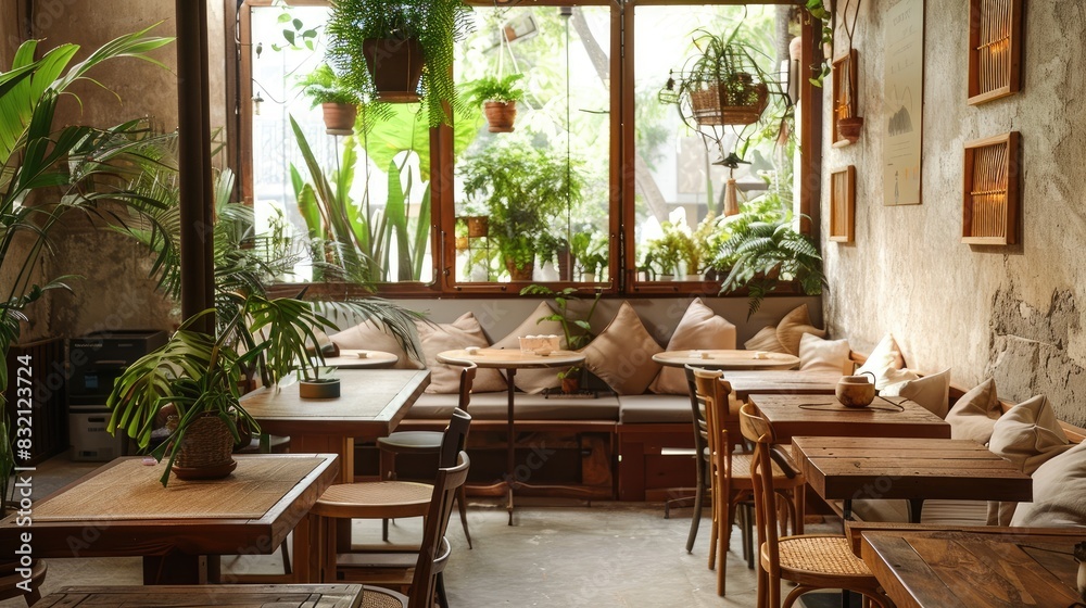 A charming cafe with earth-tone decor, featuring wooden tables, beige cushions, and potted plants