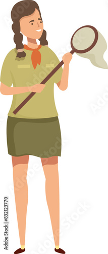 Illustration of a smiling girl scout holding a magnifying glass, exploring nature
