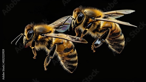 Honey bees swarm, pheromones, communication, communication between insects. Honey, bees in the wild, pollination, pollen, close up, beekeeping, agriculture, nature protection. Generative by AI.