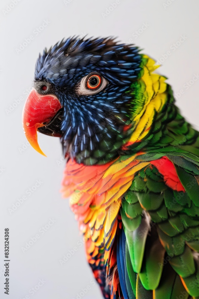 Fototapeta premium A small parrot with vibrant colors perched on a wh