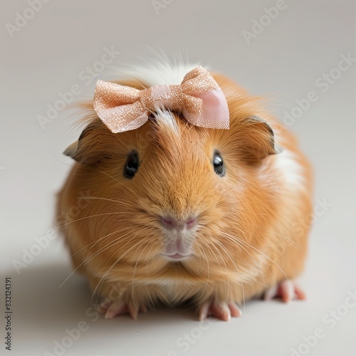 A small guinea pig with a tiny bow on its head sit animal, pet, guinea, guinea pig, pig, rodent, isolated, hamster, brown, mammal, fur, white, domestic, cute, small, closeup, pets, white background, f photo