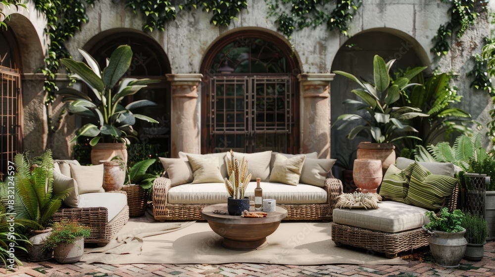 A charming outdoor patio with comfortable seating, earth-tone cushions, and lush green plants A charming outdoor patio with comfortable seating, earth-tone cushions, and lush green plants