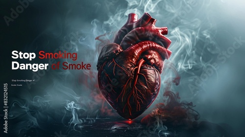 A compelling poster for World No Tobacco Day featuring a heart with smoke entering one side and blood vessels deteriorating on the other. The words 