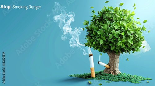 A dynamic banner for World No Tobacco Day with an illustration of a cigarette transforming into a healthy green tree  symbolizing recovery and growth after quitting. The text  Stop Smoking  and