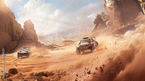 Rally cars kick up dust on a rough desert track. Mexico, desert, high speeds, training ride, racing, car simulators, image for poster, intensity and excitement, off road racing. Generative by AI. photo