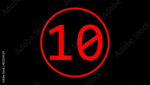 10 second countdown timer animation from 10 to 0 seconds circular countdown digital electronic timer. counting down with red numbers and circle marking time on black background .