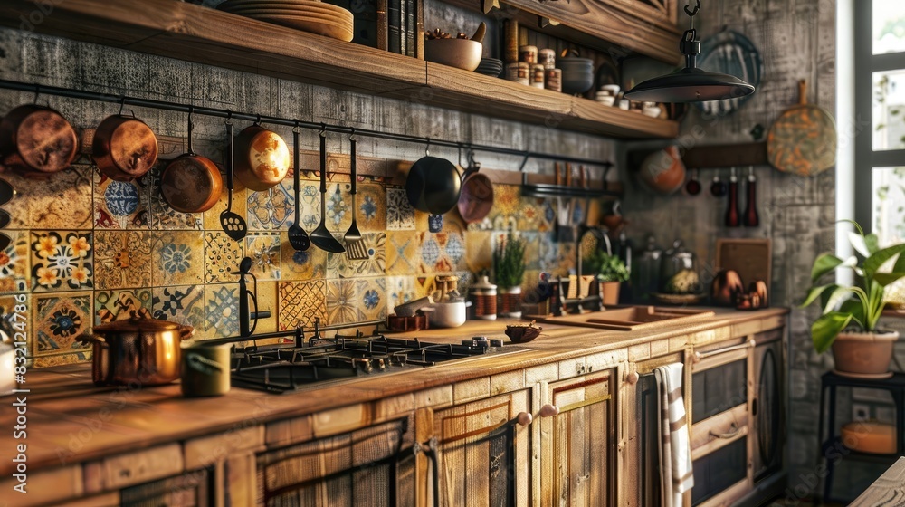 A charming rustic kitchen with wooden cabinets, earth-tone tiles, and copper accents