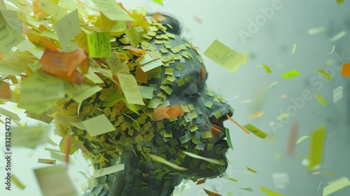 face covered with notes, 3d render 