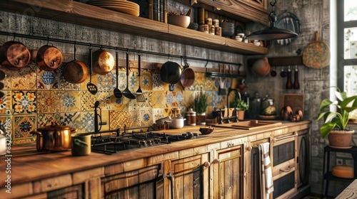A charming rustic kitchen with wooden cabinets  earth-tone tiles  and copper accents