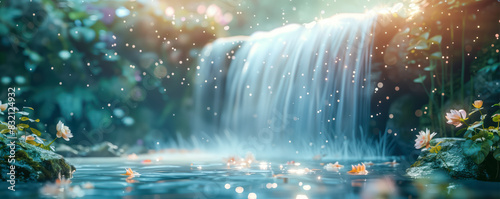 Panoramic view of the waterfall in blooming natural park. Background and banner concept.