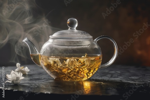 A delicate glass teapot infused with blooming jasmine tea on a simple, matte black surface with soft backlighting.