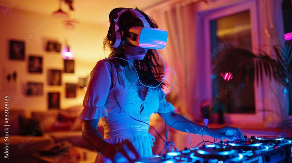 DJ of the future: Woman in VR glasses, innovative music performance. DJ of the future: Woman in VR glasses, innovative music performance.