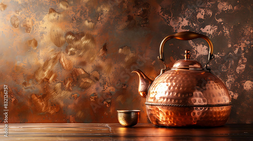 The image is a beautiful copper kettle with a matching cup on a wooden table. The background is a copper-colored wall with a rough texture. photo