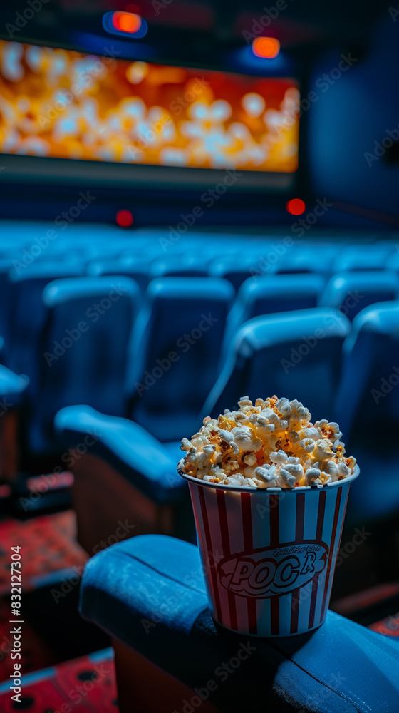 Movie theater interior with a striped bucket of popcorn placed on a ...