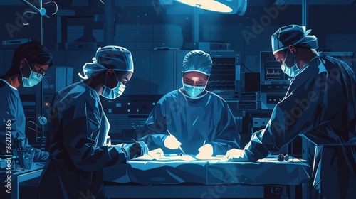 Skilled Surgical Team Performing Delicate Medical Procedure with Precision and Expertise in a Brightly Lit Hospital Operating Room Setting Highlighting the Critical Nature of Their Life Saving Work photo