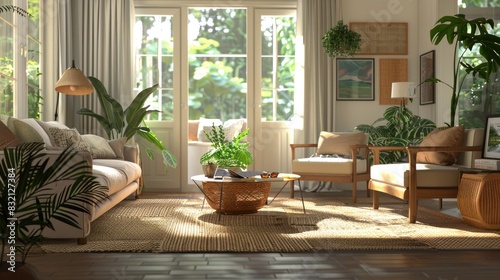 A cozy living room with earth-tone decor, featuring soft brown and beige furniture, a woven rug, and green plants