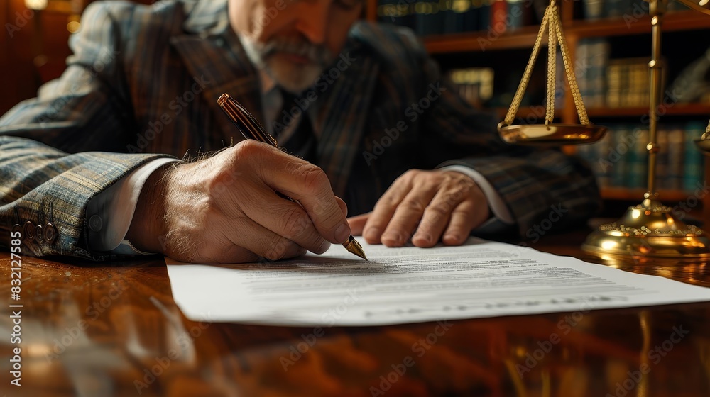 Closeup of hands signing a contract, pen and paper on a wooden desk, scales of justice nearby Closeup of hands signing a contract, pen and paper on a wooden desk, scales of justice nearby