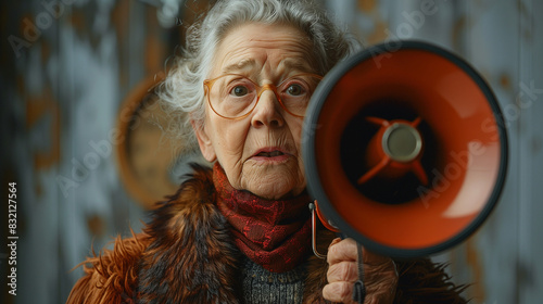 old woman with megaphone, a...