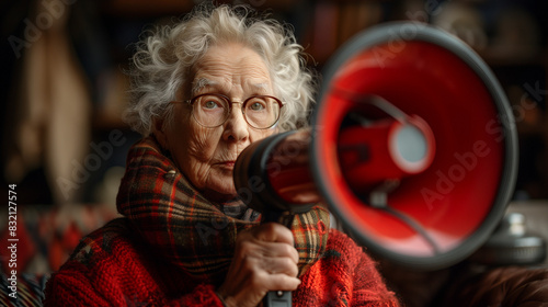 old woman with megaphone, a...