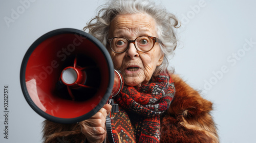 old woman with megaphone, a...