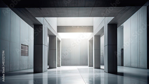 Minimalist concrete structures on concrete floor, modern architecture, background for presentation,