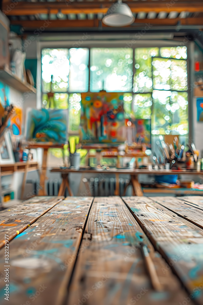 Creative ambiance: Wooden table in art studio with soft natural lighting Creative ambiance: Wooden table in art studio with soft natural lighting