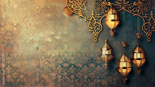 Ramadan Kareem. Ornate golden lantern with intricate Arabic calligraphy and hanging on a patterned background. 3D rendering. photo