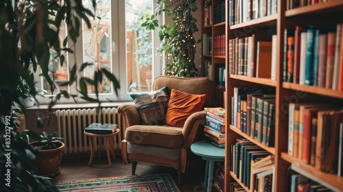A cozy reading nook with a comfortable chair, earth-tone pillows, and a wooden bookshelf filled with books © Lcs