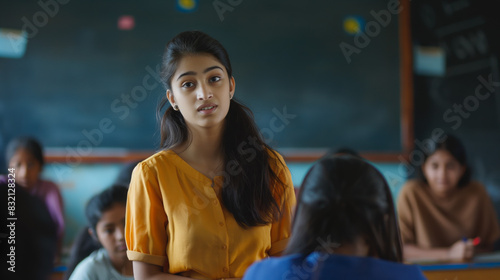 A young female student looking attentive amidst a classroom, peers in the background