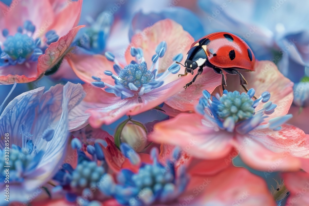 Close-up of a ladybug on bright pink and blue flowers in a natural garden setting Close-up of a ladybug on bright pink and blue flowers in a natural garden setting