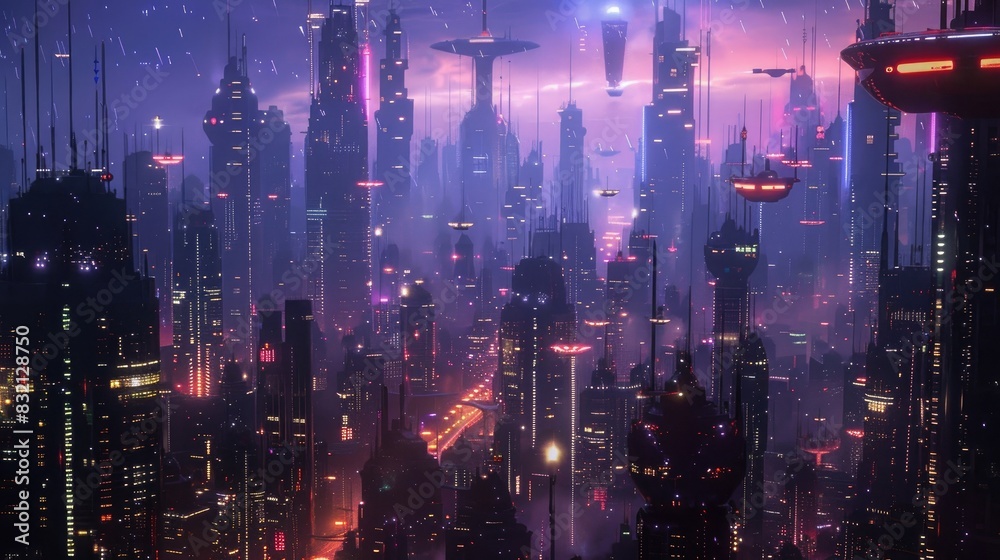 Fototapeta premium A futuristic city at dusk, illuminated by neon lights and advanced technological infrastructure