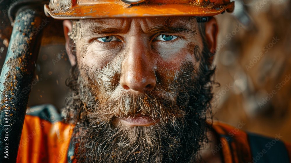 Closeup portrait of serious bearded construction worker with helmet