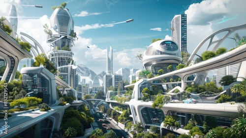 A futuristic city with smart buildings, green spaces, and advanced transportation systems, depicting a sustainable urban environment photo