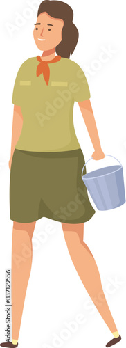 Friendly female park ranger cartoon with a bucket, ready for conservation work