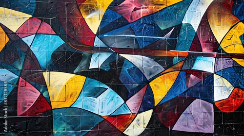 An abstract graffiti wall with a pattern of morphing geometric shapes