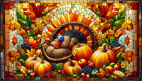 Stained glass picture of Thanksgiving celebration