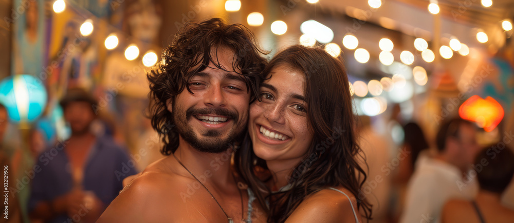 a slim couple dressed in vibrant turquoise attire share a warm embrace, illuminated by the soft glow of tungsten lights.