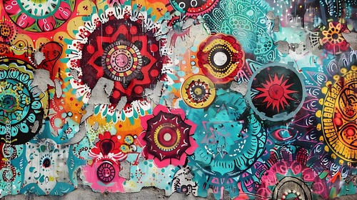 An abstract graffiti wall with a pattern of fractal mandalas