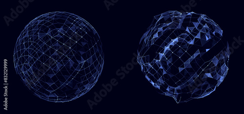 Abstract set blue sci-fi sphere with particles and lines. Technology network connection on world. Futuristic vector illustration. Global digital connections ai. 3D wireframe geometric sphere.