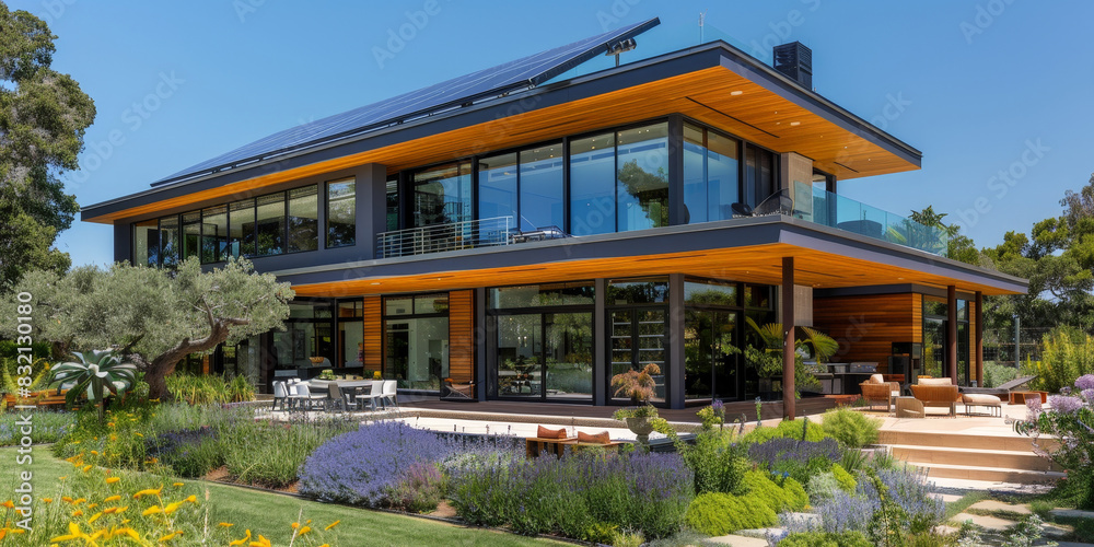 Modern sustainable house with solar panels on the roof in a lush green garden under a clear blue sky
Modern sustainable house with solar panels on the roof in a lush green garden under a clear blue sky