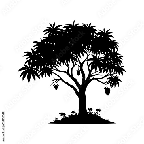 Hanging mango on mango tree silhouette isolated on white background. Mango tree icon vector illustration design.