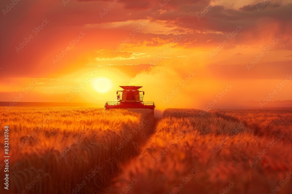 Combine harvester at work in wheat field during summer evening sunset agriculture farming Combine harvester at work in wheat field during summer evening sunset agriculture farming