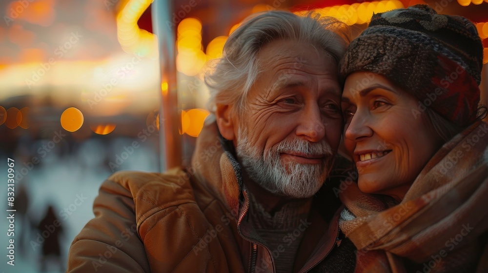Experience love and joy as a senior couple smiles at each other on a Ferris wheel during sunset. 