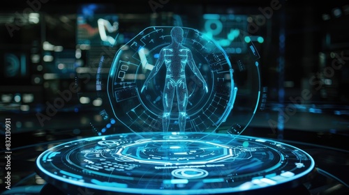 A futuristic digital assistant  represented by a holographic figure  providing information and performing tasks