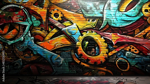 An abstract graffiti wall with a design of interlocking gears