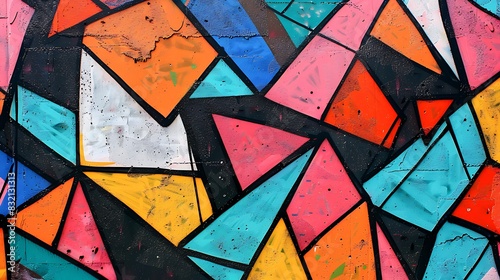 An abstract graffiti wall with a pattern of morphing geometric shapes